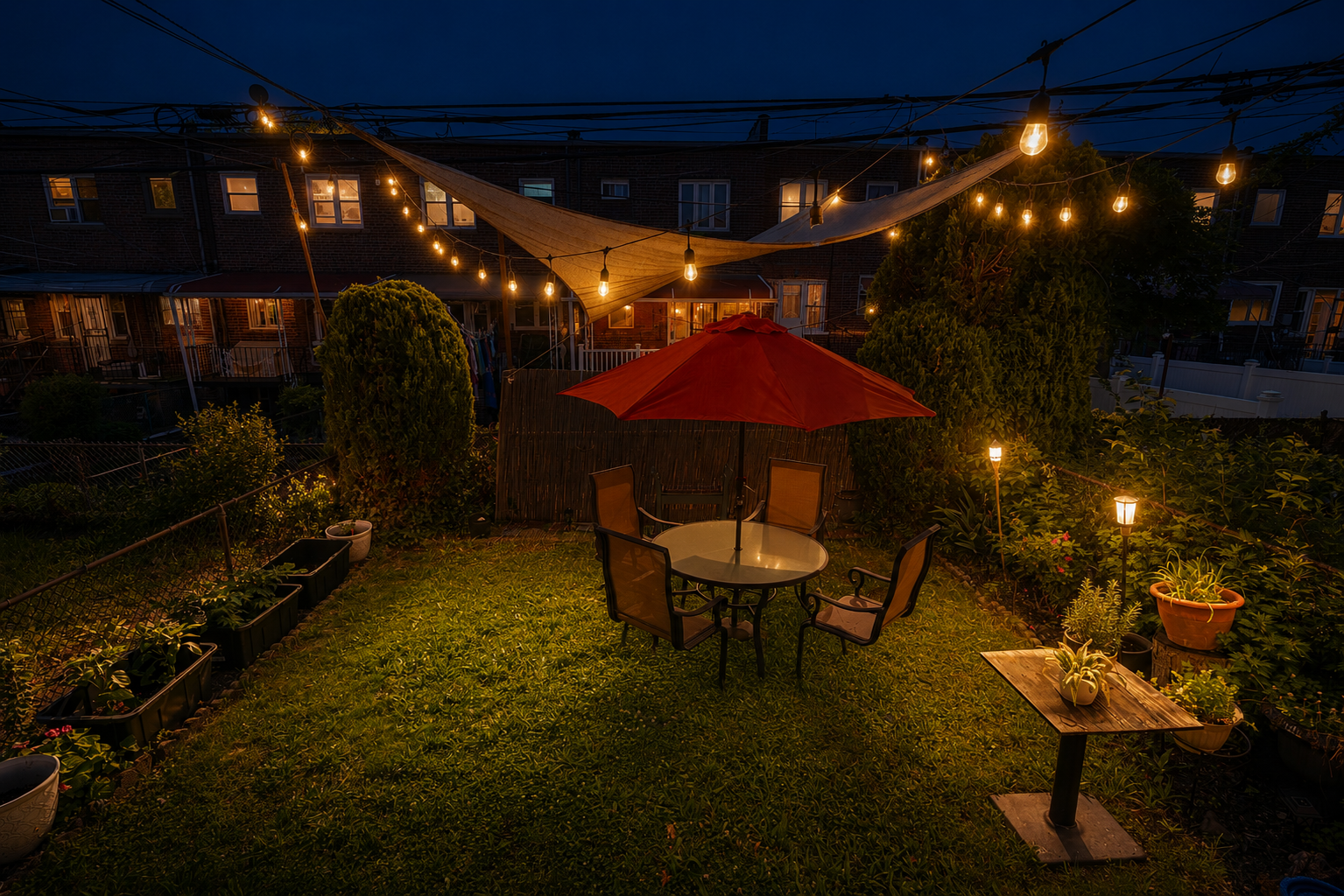 Outdoor garden area with seating and greenery behind the Chateau